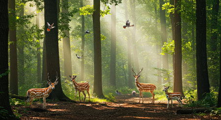 A calming view of a peaceful forest landscape characterized by tall, imposing trees, gently roaming animals, and enchanting dappled sunlight filtering down.の写真素材