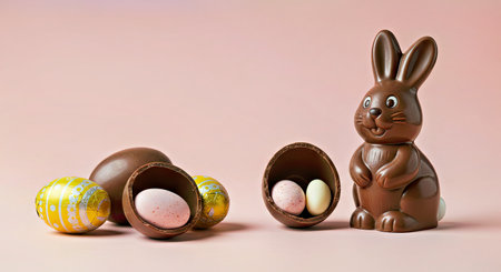 Close-up of a tasty chocolate Easter bunny centerpiece surrounded by a variety of colorful...