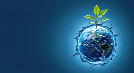 Conceptual blue planet Earth with green sprout emerging from water, symbolizing ecology and growth....