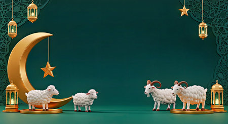 Eid al-Adha Islamic background design with decorative goat, sheep illustration, and Arabic crescent moon ornament.の写真素材