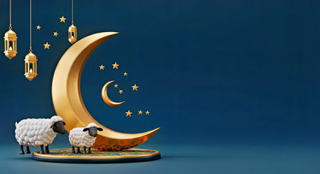 Festive Eid al-Adha background design: Goat, sheep illustrations, crescent moon, and Islamic...