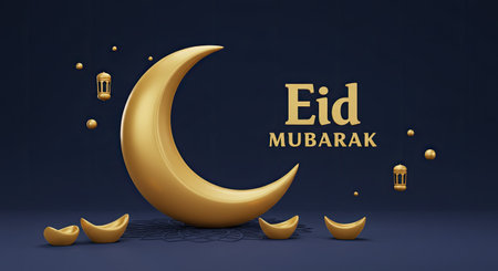 Eid Mubarak celebration banner concept with realistic 3D metallic golden crescent moon decorative element illustration.の写真素材