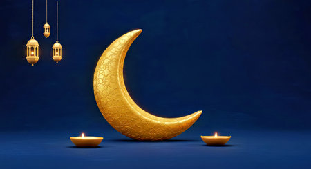 Festive Eid Mubarak banner background featuring elegant 3D golden crescent moon design for Islamic holiday celebration.の写真素材