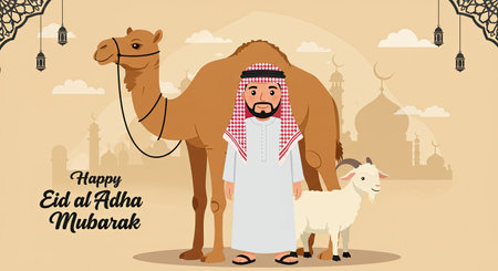 Happy eid al adha mubarak greeting card with arabic man and camelの写真素材