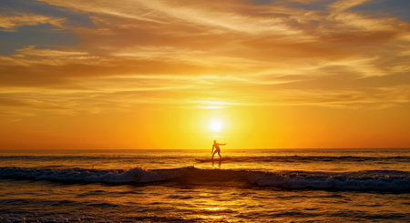 Dynamic ocean sunset captures lone surfer riding the final powerful wave under a vibrant colorful...