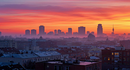 Early morning sunrise casts a soft golden glow over a bustling urban neighborhood awakening to a new...