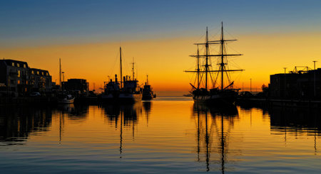 Ship silhouettes reflect on calm shimmering harbor water during lively beautiful early dawn morning...