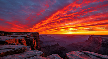Intense fiery sunset colors blaze above sheer rugged cliff face edge creating dramatic powerful vista viewの写真素材