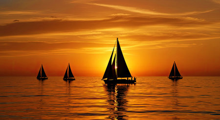 Gentle Sailboats Silhouetted Against Warm Sunset Sky Reflecting On Calm Ocean Waters Horizon View...