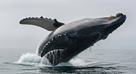 Powerful Whale Breach Majestic Moment Rising From Ocean Water Surface Wildlife Nature Marine Mammal Splendorの写真素材