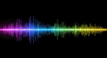 Dynamic Flowing Multicolored Soundwave Patterns Vibrant Blue Pink Yellow Green Hues Smooth Black...