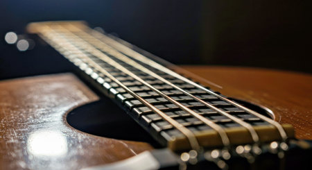 Close Up Acoustic Guitar Strings Detail Soft Bokeh Background Beautiful Light Reflections Musical...