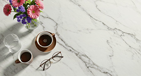 Sophisticated Marble Desk Flat Lay Featuring Coffee Eyewear and Fresh Flowers Ample Room for Text Overlay Todayの写真素材