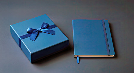Corporate Gift Idea Blue Wrapped Box and Blank Notebook Flat Lay on Textured Dark Blue Elegant Backgroundの写真素材