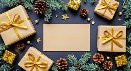 Winter Holiday Festive Mockup Scene Abundance of Golden Christmas Gifts Ready for Seasonal Celebration Eventの写真素材