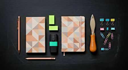 Assorted Colorful Stationery Items Pencils Erasers Clips Arranged Artistically on a Blank Blackboard