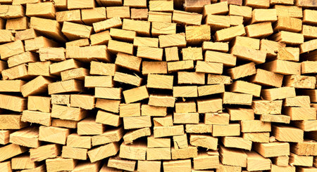 Neatly Arranged Pile of Sawn Wooden Logs Displaying Circular End Grain Textures Background Image