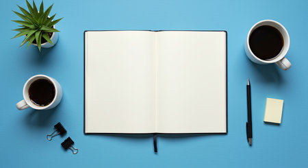 Top View Mockup Open Notebook Blank Pages Coffee Cup Situated on Vibrant Blue Background Flat Lay...