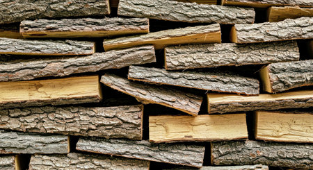 Textured Surface Created by Stacked Cut Logs Sawn Wood Pile Background for Design Overlays or...