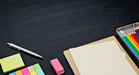 Creative Layout of Stationery Essentials Pencils Ruler Clips on Textured Blackboardの写真素材