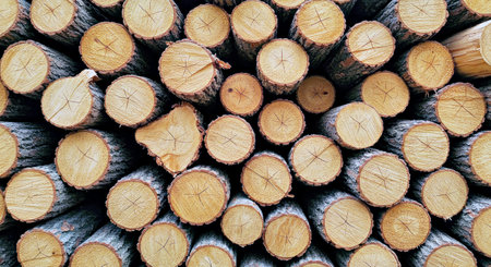 Wooden logs stacked in a pile as a background, top view