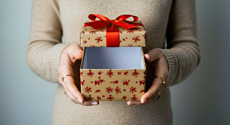 Female Hands Holding Open an Empty Square Red Gift Box with Bow Christmas Holiday Gifting Theme