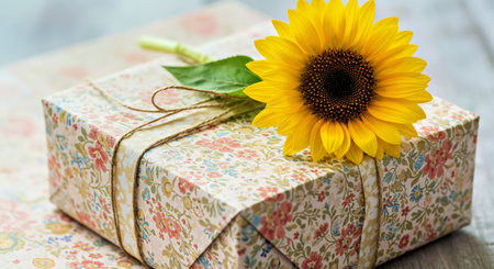 Close Up Detail of Elegant Gift Box Adorned With Fresh Natural Flowers Creating a Special Presentの写真素材