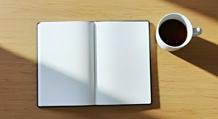 Overhead View Mockup Featuring Empty Notebook Coffee Beverage and Wooden Desk Surface for Creative...