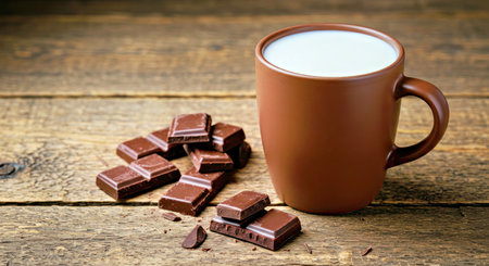 Rustic Tabletop Comfort Creamy Milk Drink Served with Pieces of Dark Chocolate Perfect Cozy Indulgence Setupの写真素材
