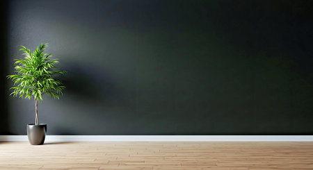 Minimalist empty room interior featuring dramatic black wall background ample copy space and a green plantの写真素材