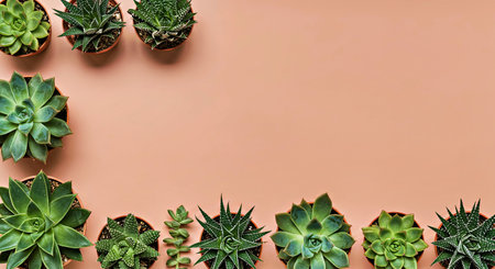 Beautiful succulents banner header flat lay shows various plants arranged neatly on soft blush pink backgroundの写真素材
