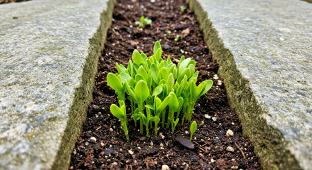 Vibrant young plant shoots emerging from fertile ground cover weaving around weathered stones in...