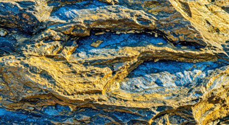 Abstract macro detail of rock surface glowing with blue and gold mineral inclusions under bright...