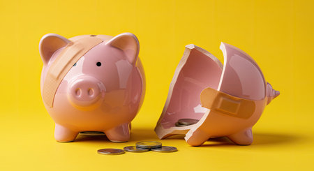 Mended Broken Piggy Bank With Plaster Strip Symbolizing Financial Difficulty And Unexpected Costs On...
