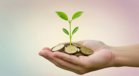 Financial Savings Concept Hand Holding Coins With Small Plant Sprouting Symbolizing Investment...