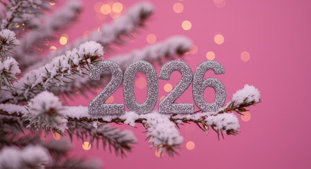 Glittering Silver New Year Date Amid Snowy Branches And Sparkling Pink Background Festive Winter...