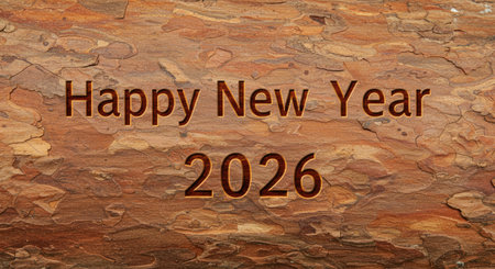 Top Down View Of Happy New Year Message For Twenty Twenty Six Engraved On Natural Wood Bark Surface...