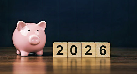 Piggy bank placed on wooden blocks spelling twenty twenty six symbolizing future investment planning