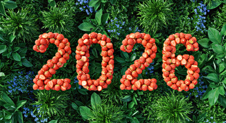 Bright red daiquiri strawberry pieces arranged to shape twenty twenty six for a tropical New Year...
