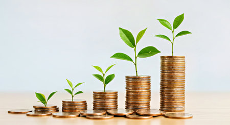 Various plants on rising coin piles showing increased savings mutual fund business finance...