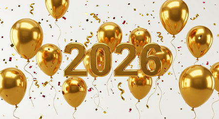 Vibrant twenty twenty six New Year celebration scene with shiny golden balloons sparkling glitter...