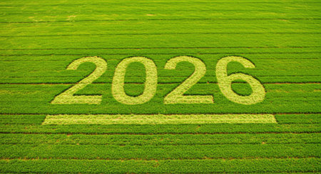 Twenty twenty six carved in vibrant green field representing successful agriculture business...