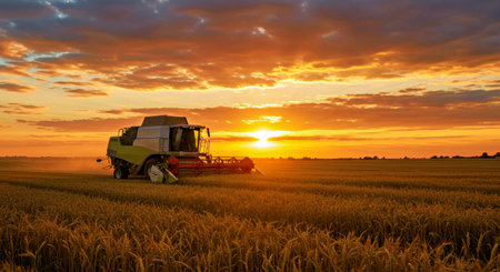 Dramatic farming landscape shows a combine harvester machine reaping ripe golden wheat in vast field at sunset time. This image captures the concept of a rich agricultural harvest against beautiful orange cloudy sky background.の写真素材