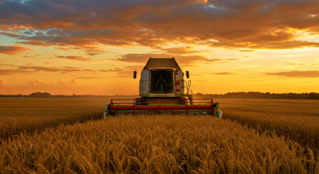 Witness the essence of a bountiful harvest as a large combine harvester gathers ripe golden wheat...