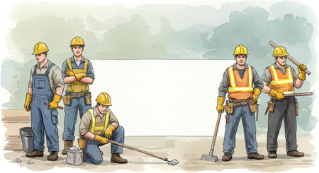 This watercolor painting depicts a group of industrial workers or blue collar workmen collaborating on site project. The team concept illustration includes copy space perfect for messages about labor community or job opportunities.の写真素材