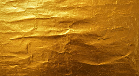 This background showcases a reflective gold foil texture characterized by controlled creasing detail across surface. Its elegant shiny metallic appearance adds a touch of luxury suitable for premium branding packaging designs now.の写真素材