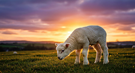 A heartwarming scene featuring a cute young lamb standing peacefully in a field during scenic sunset...