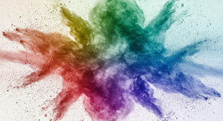 Abstract art featuring a colorful mix of rainbow powder pigments blended together on a textured...