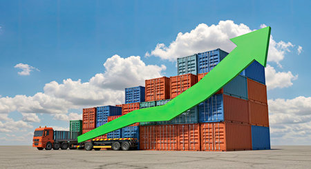 Symbolizing global trade growth this image features shipping containers and a green rising arrow for positive trends. Indicates increasing transportation income rising imports exports and overall positive economic development progress easily.の写真素材