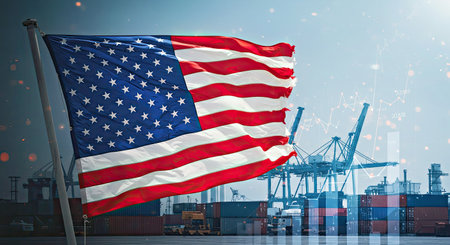 Using the USA flag as a backdrop this concept illustrates the potential policy of increased import tariffs easily. Forecasted for twenty twenty five it represents future economic strategy and trade protectionism measures visually.の写真素材
